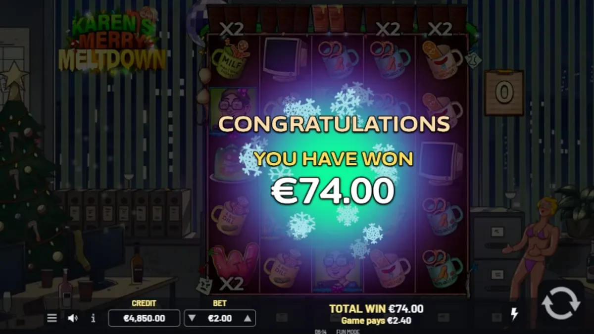 Karen’s Merry Meltdown slot machine interface featuring festive office party theme